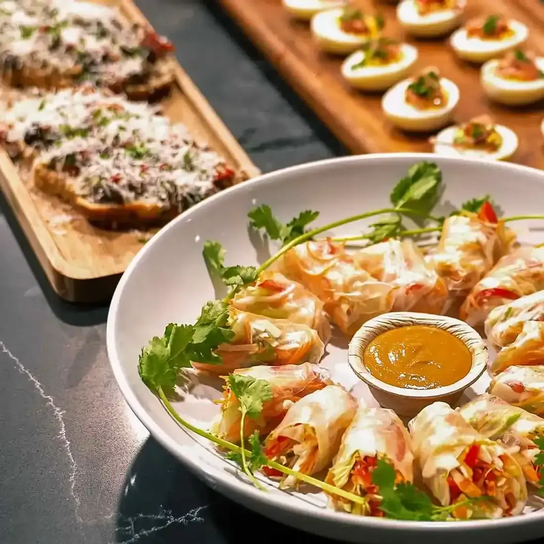 Elevated canapes plated for a small gathering by a Las Vegas private chef