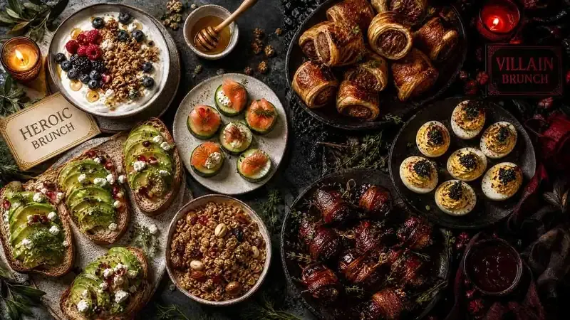 Heroes vs. Villains themed brunch spread by a Las Vegas private chef