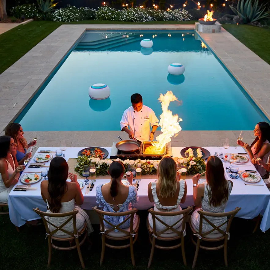 Hibachi chef cooking for a bachelorette party poolside in Las Vegas