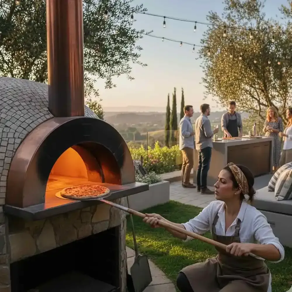Private chef manning a wood-fired pizza oven at a Las Vegas pizza party